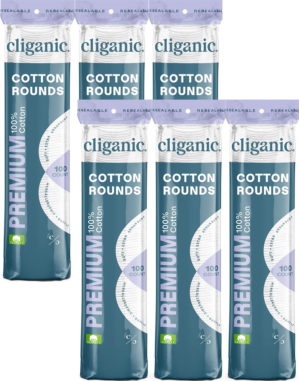 Cliganic Premium Cotton Rounds face pack 6x100 top view for gentle makeup removal