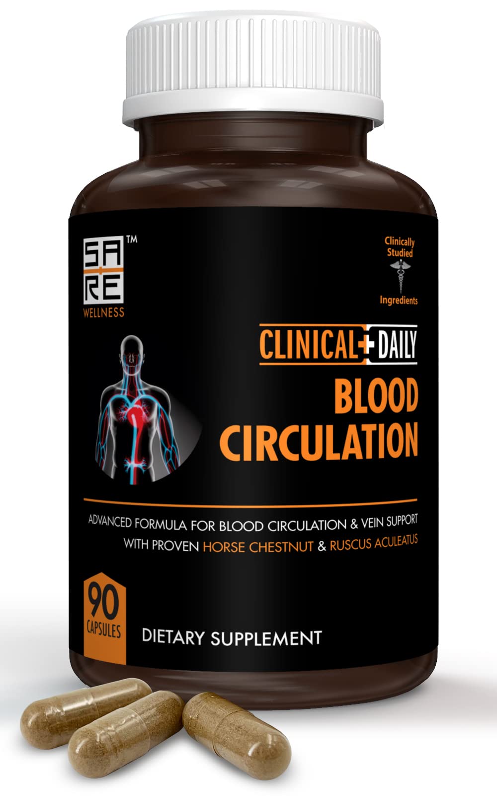 Clinical Daily Blood Circulation Supplement bottle signals daily venous support potential.