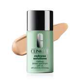Clinique Redness Solutions foundation bottle close-up showing color-correcting intent for redness-prone skin