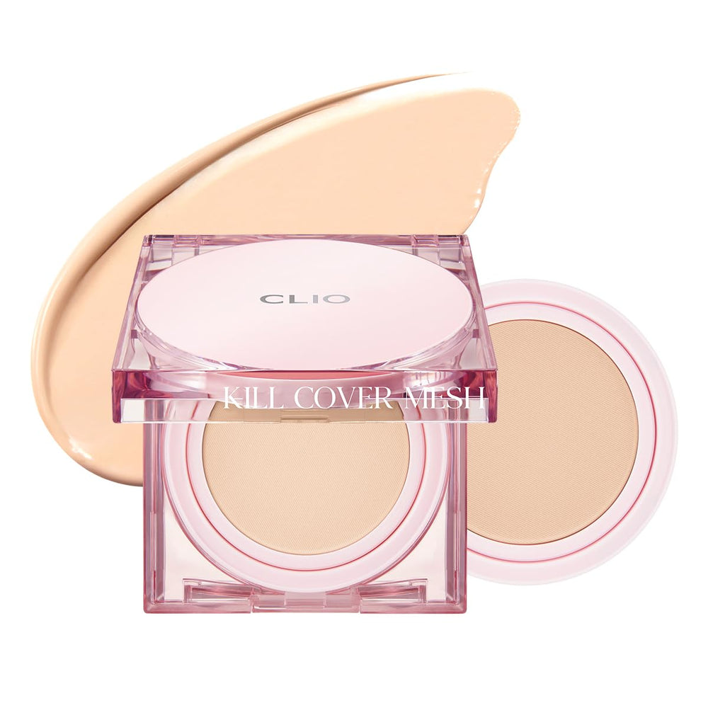 CLIO Kill Cover Mesh Glow Cushion bottle closeup showing dewy coverage and portability