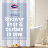 Clorox 2-in-1 curtain with magnetic hem for secure fit and splash control