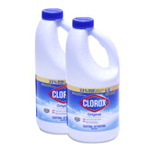 Clorox Concentrated Bleach Original 43oz bottle being poured, deep-clean whites and remove stains.