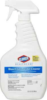 The Clorox Healthcare Bleach Germicidal Cleaner spray bottle disinfects hospital plastics.