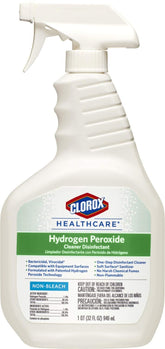Clorox Healthcare Hydrogen Peroxide bottle shows bleach-free disinfection for sensitive surfaces.