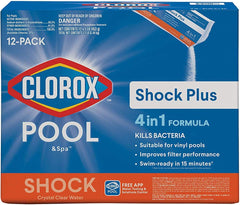 CLOROX Pool&Spa Shock Plus packaging shown for vinyl pool treatment.