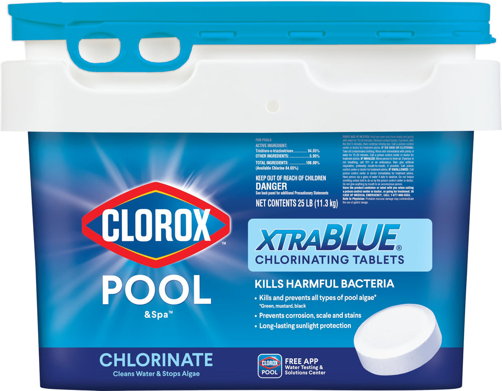 Clorox Pool&Spa XtraBlue tablets in 25 lb packaging for easy sanitation.