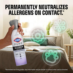 Spray nozzle of Clorox PURE Allergen Neutralizer in action dispersing the formula