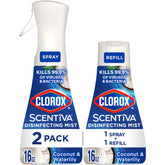 Clorox Scentiva Disinfecting Mist coconut-waterlily bottle for quick surface refreshment.