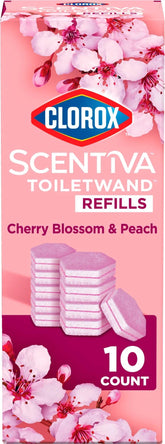 Clorox Scentiva ToiletWand refills pack shot with Cherry Blossom and Peach scent for easy cleaning.