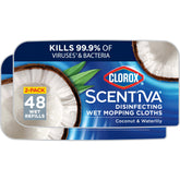 Clorox Scentiva wet mop pad front view emphasizes coconut waterlily scent for fresh floors.