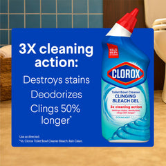 Clorox Toilet Bowl Cleaner Clinging Bleach Gel Ocean Mist wide-dispensing bottle facilitates even coating.