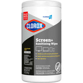 CloroxPro Screen+ Wipes canister cleans and sanitizes screens safely and protects delicate electronics.