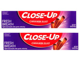 Close Up cinnamon toothpaste bottle showing red gel for fresh breath