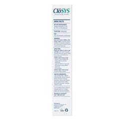 CloSYS Fluoride toothpaste pack highlights enamel protection and cavity reduction.