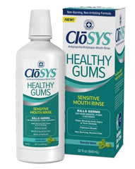 CloSYS Healthy Gums Mouthwash being poured for a daily rinse.