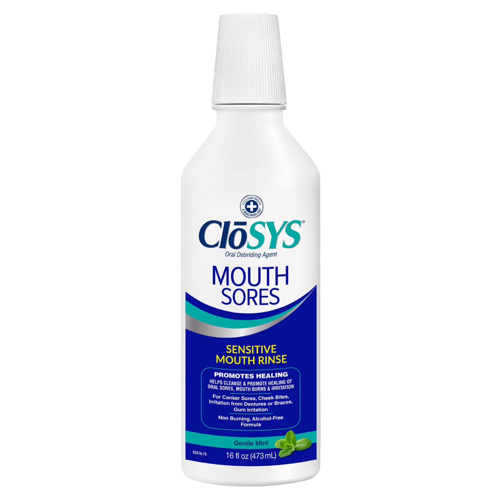 CloSYS Mouth Sore Rinse bottle front shows alcohol-free gentle healing