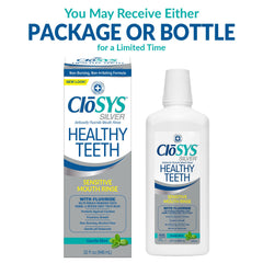 CloSYS Silver bottle front view highlights gentle, alcohol-free formula.