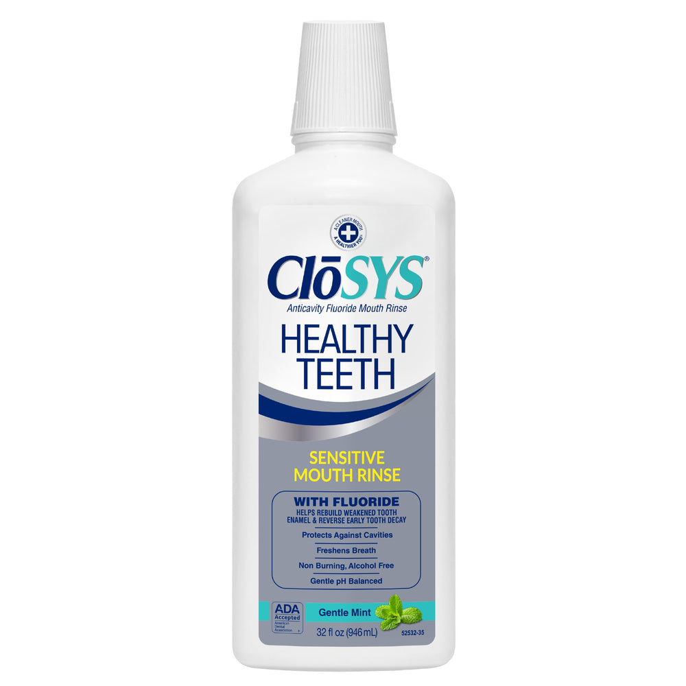CloSYS Silver bottle pour shows enamel protection and fresh breath.