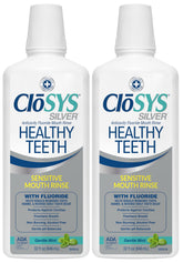 CloSYS Silver Healthy Teeth Mouthwash bottle shows a gentle, non-irritating rinse for daily use.