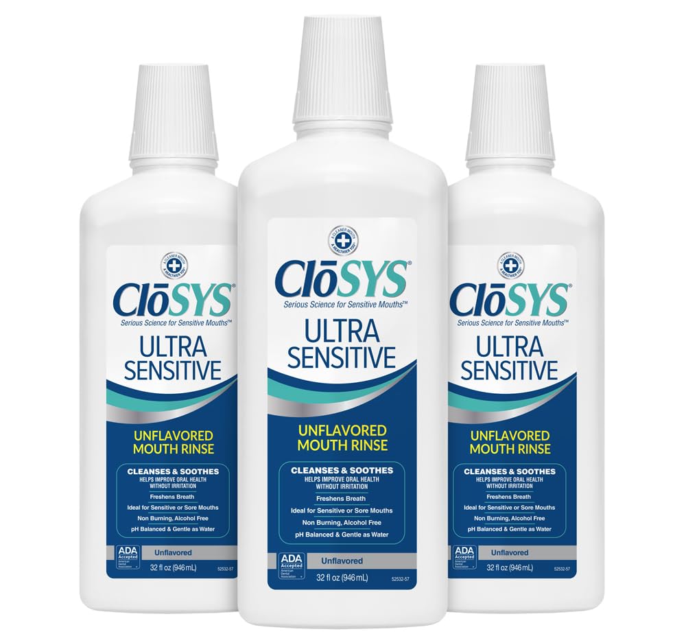 CloSYS Ultra Sensitive bottle pouring, gentle rinse for sensitive mouths.