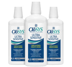 CloSYS Ultra Sensitive bottle pouring, gentle rinse for sensitive mouths.