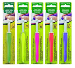 Clover Amour crochet hooks set of 5 with vibrant, color-coded handles for thick yarn projects.