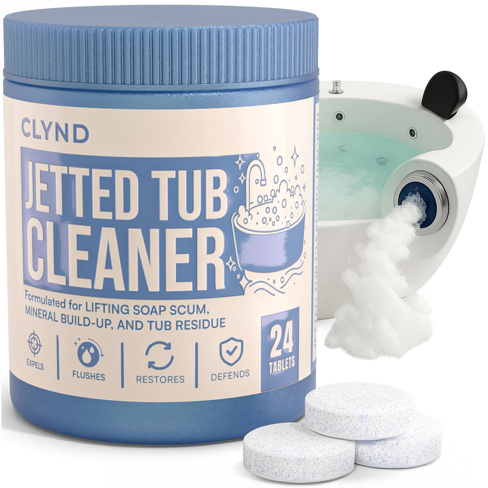 CLYND jet tub cleaner tablets in a bottle, compact and ready for use.