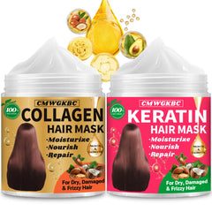 CMWGKBC collagen hair mask bottle delivering moisture for dry, damaged hair.