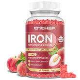 CNCHEF Iron Gummies bottle on kitchen counter showing peach flavor and easy daily use