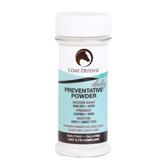 COAT DEFENSE Daily Powder bottle pour demonstrates easy application and odor control.