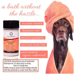 COAT DEFENSE Preventative Powder application on dog coat promotes odor management and comfort
