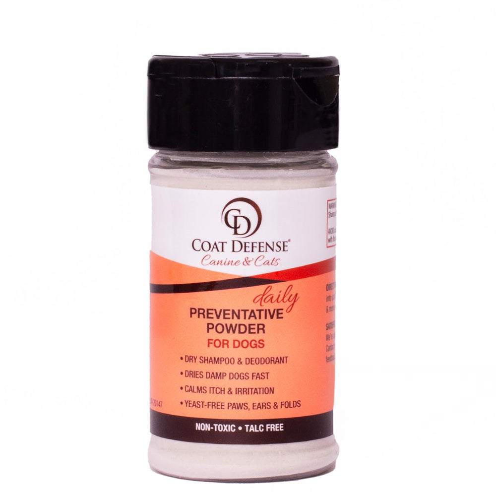 COAT DEFENSE Preventative Powder bottle shown for odor control and skin support