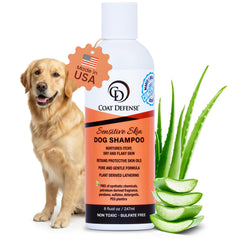 COAT DEFENSE Sensitive Skin Dog Shampoo bottle shown for gentle cleansing and irritation relief