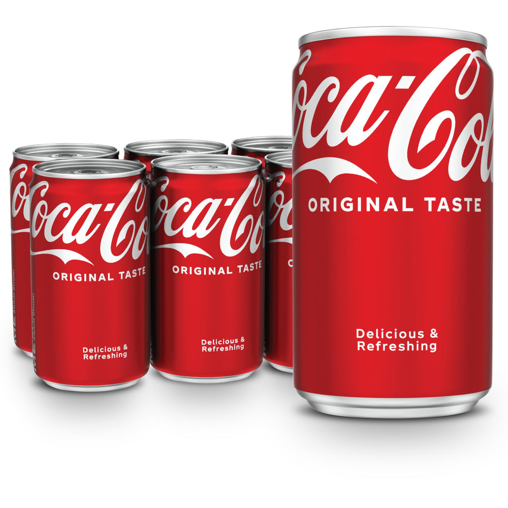 Coca-Cola mini cans 7.5 oz in a six-pack, perfect for on-the-go refreshment.