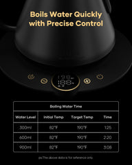 Gooseneck spout delivering a smooth, controlled pour for even extraction