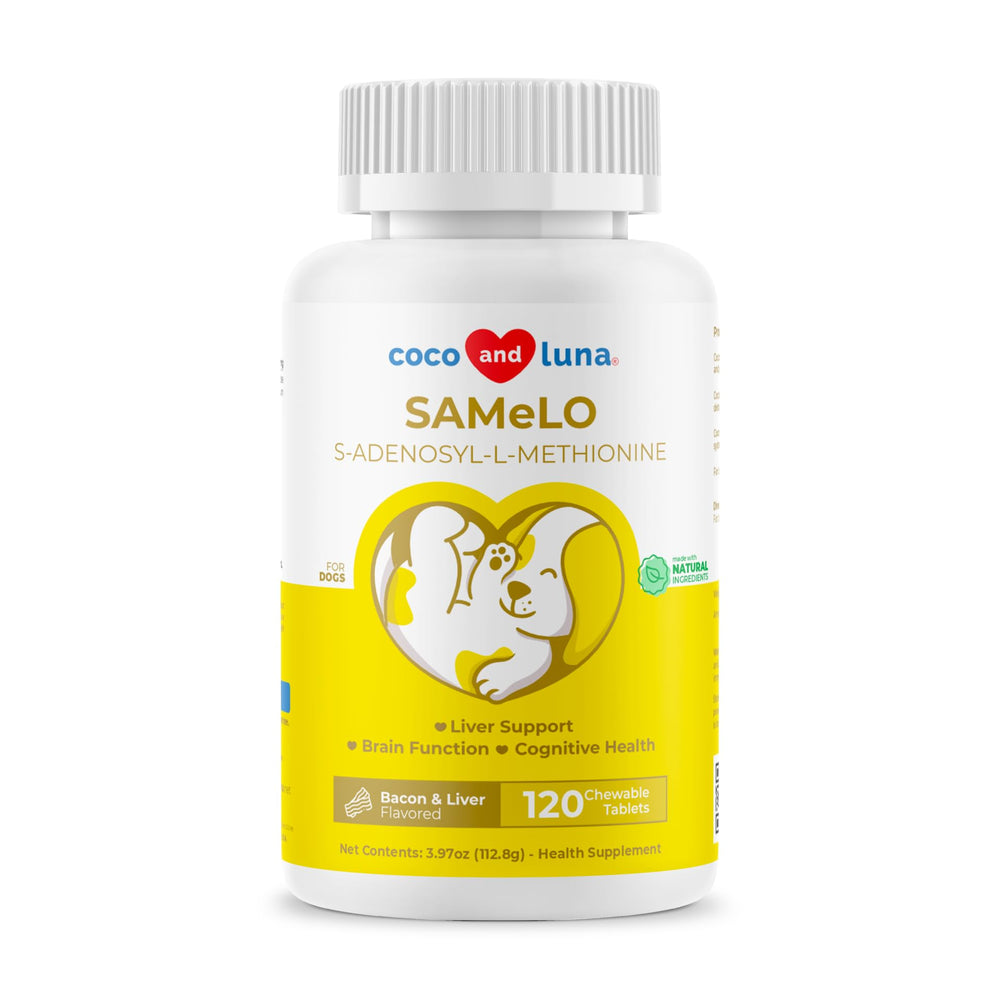 Coco and Luna Same for Dogs bottle with 120 chewables supports liver and brain health.