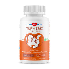 Coco and Luna turmeric for dogs bottle front promotes joint support and easy daily use.