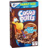 Cocoa Puffs chocolatey breakfast cereal in a box, quick family breakfast option