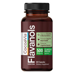 CocoaVia bottle highlighting 500 mg cocoa flavanols for daily heart and brain support.