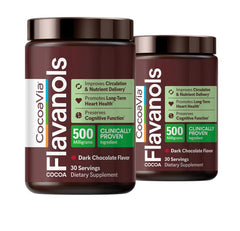 CocoaVia Cocoa Flavanols 500mg bottle pour for easy serving and circulation support.