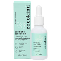 Cocokind Postbiotic Acne Serum bottle highlighting soothing formula for clearer pores.