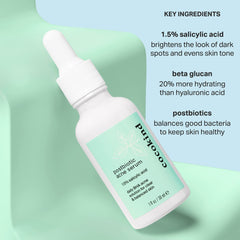 Close-up of ingredients highlighting postbiotics and salicylic acid supporting pore clarity.