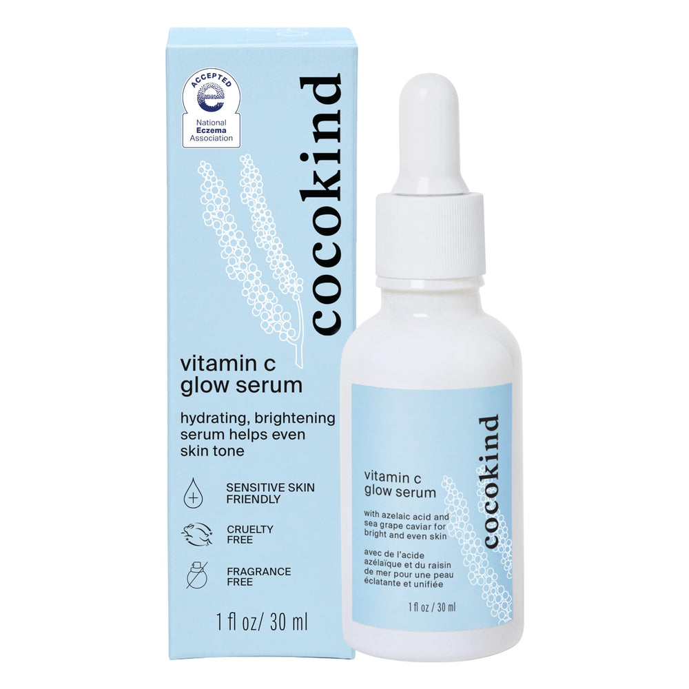 Cocokind Vitamin C Glow Serum bottle highlights branding and brightening potential.