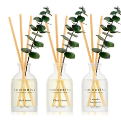 COCORRÍNA Lavender Eucalyptus diffuser bottle emits calming aroma for home spaces.