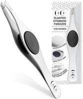 Coco's Closet slanted tweezers tip closeup for precise eyebrow shaping.