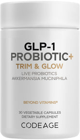 Codeage GLP-1 Probiotic+ bottle for a daily probiotic routine featuring Akkermansia