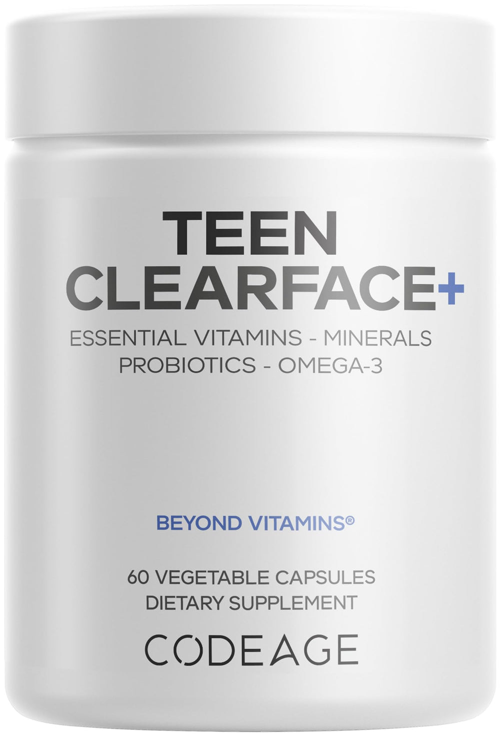 Codeage Teen Clearface bottle front showing teen skin vitamin blend for clearer skin