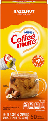 Coffee Mate Hazelnut Singles box front for quick flavor on the go.