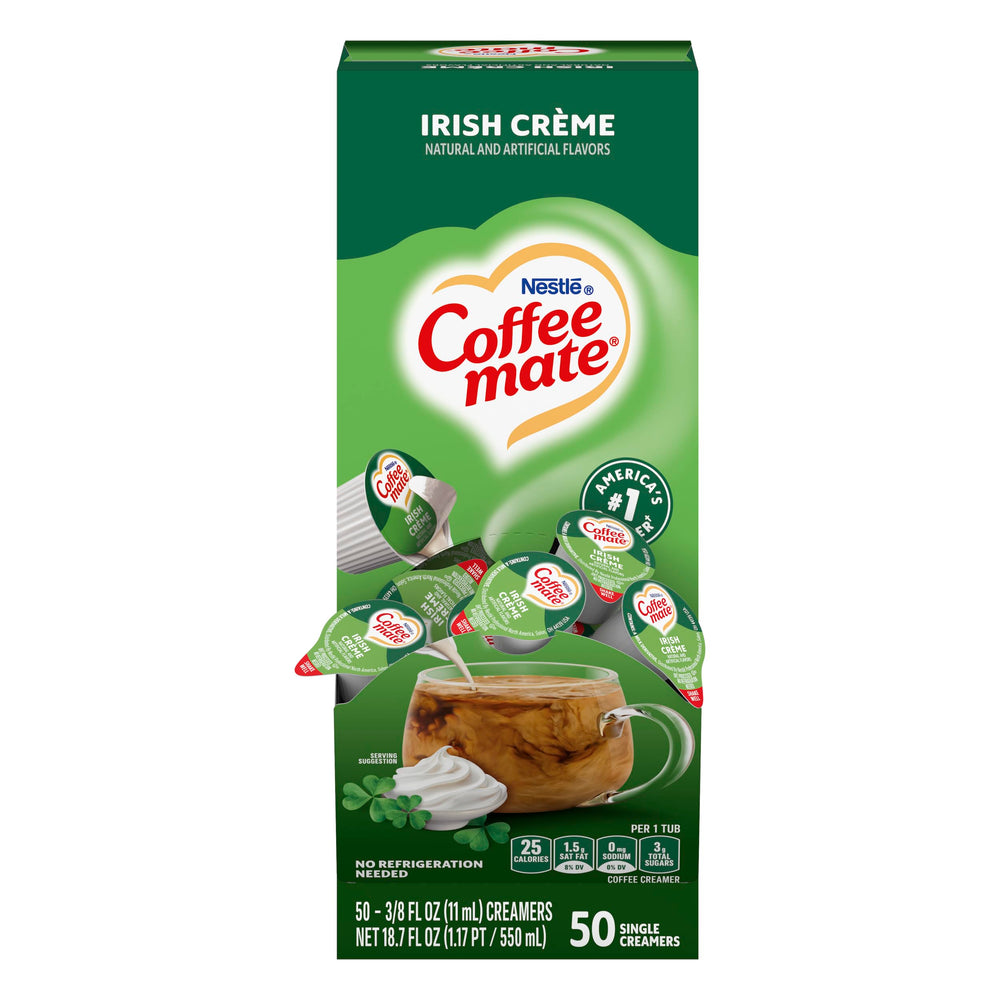 Coffee Mate Irish Crème box with 50 single-serve flavor boosters.