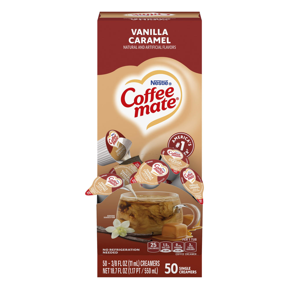 Coffee-mate Vanilla Caramel liquid creamer single-serve packet dissolves quickly in hot or cold drinks.